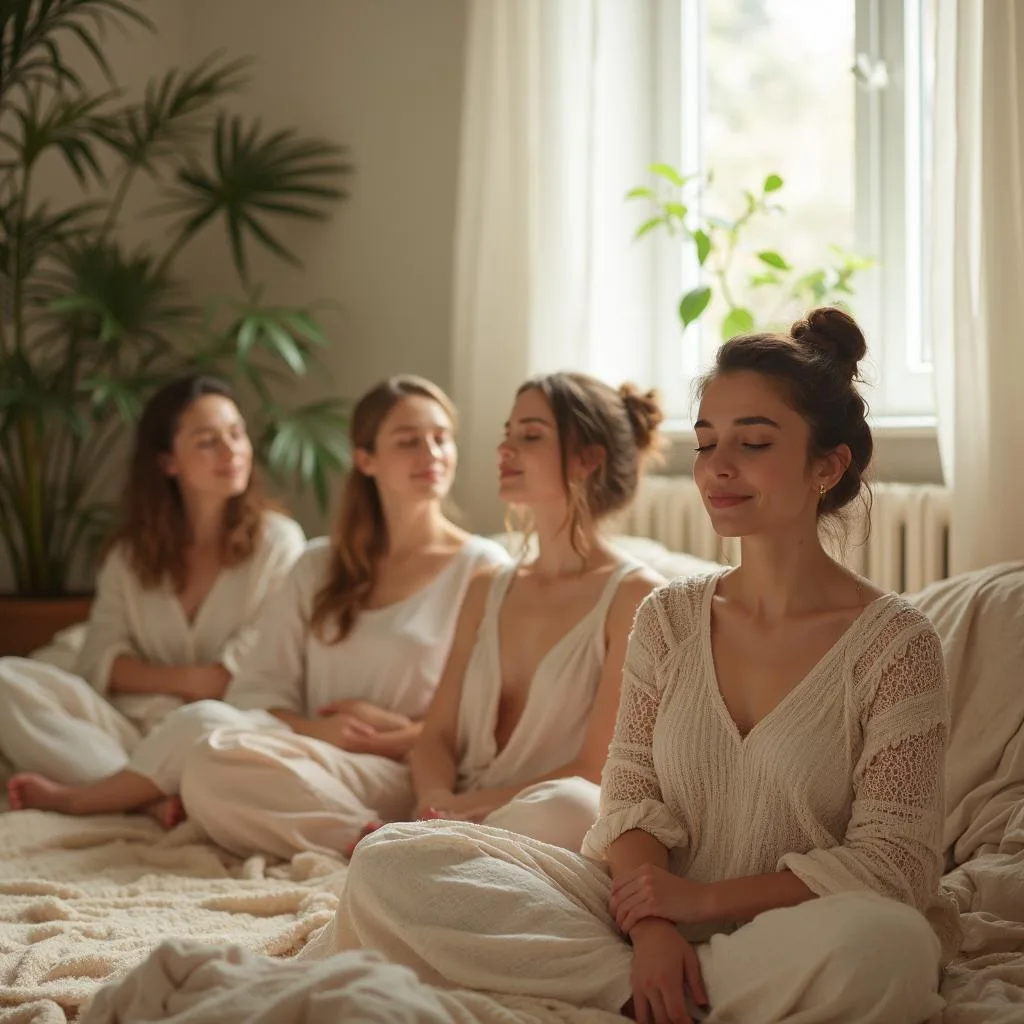 Nők egy csoportja meditációs térben, békés légkörben ülnek és közösen hangolódnak a belső nyugalomra.