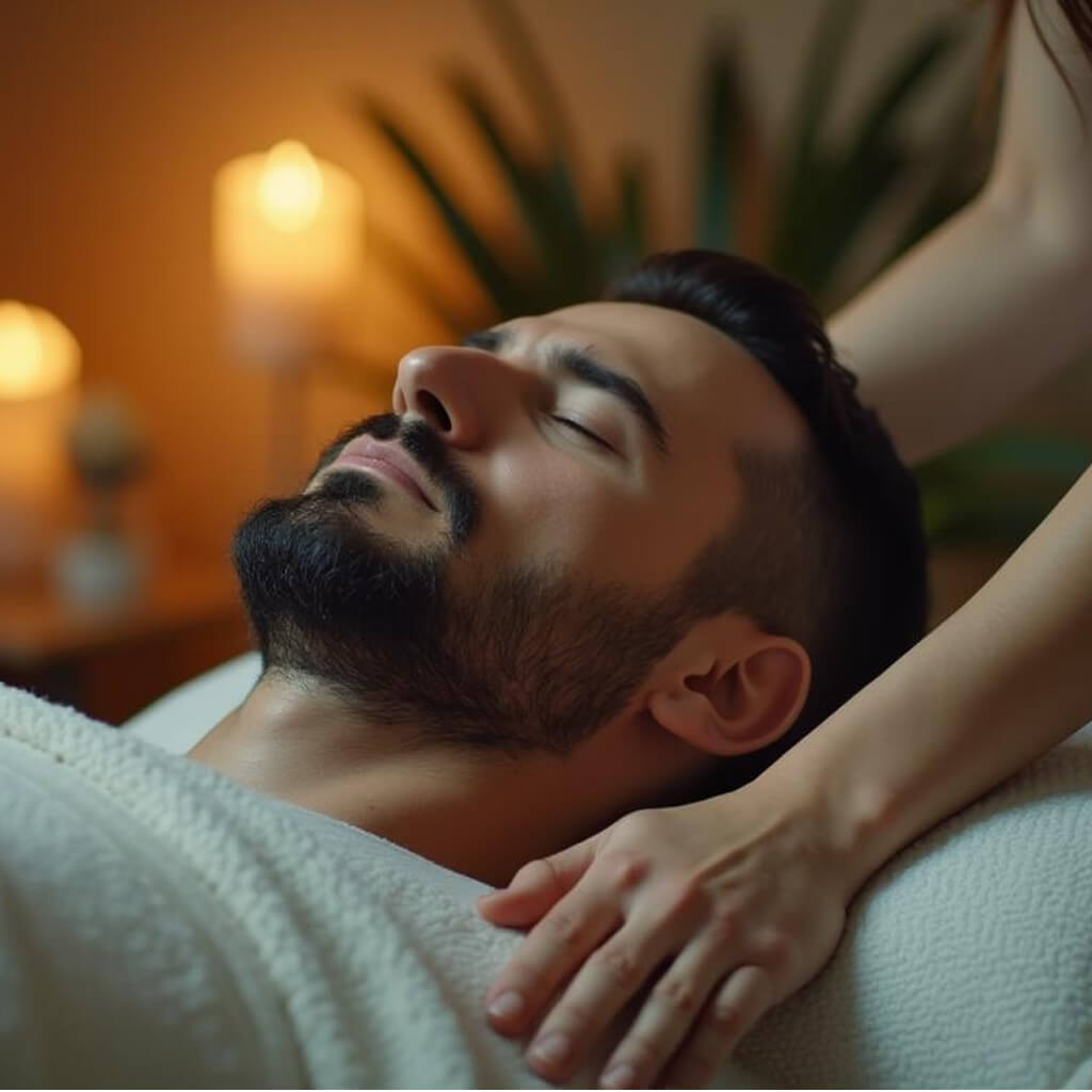 Férfi vendég hanyatt fekszik fehér pólóban, miközben a terapeuta gyengéden a vállát és fejtetőjét érinti ezüst-lilás energiahangolással egy nyugodt, bensőséges térben