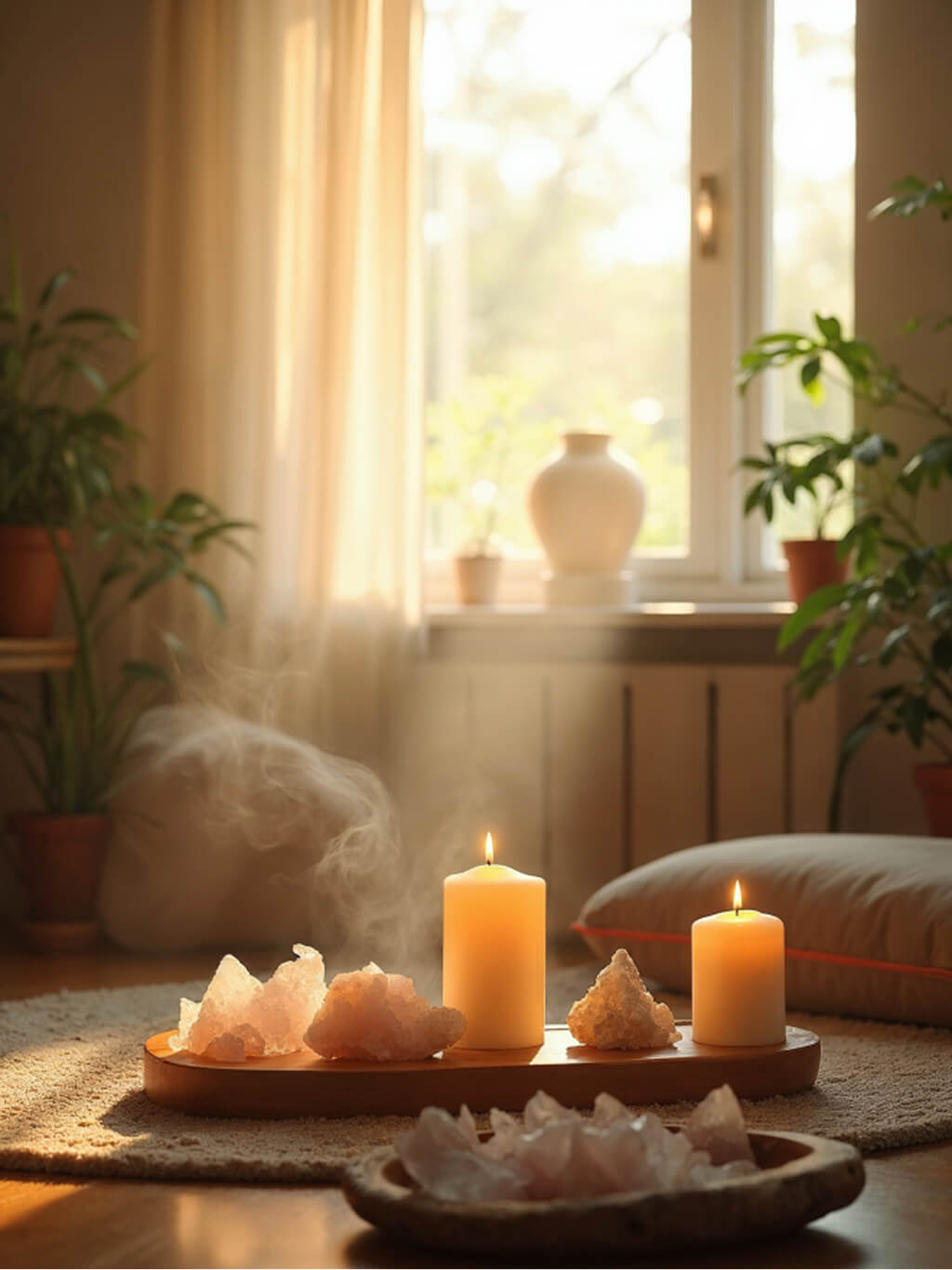 Gyertyák és rózsakvarc kövek spirituális térben, meleg napfényben.