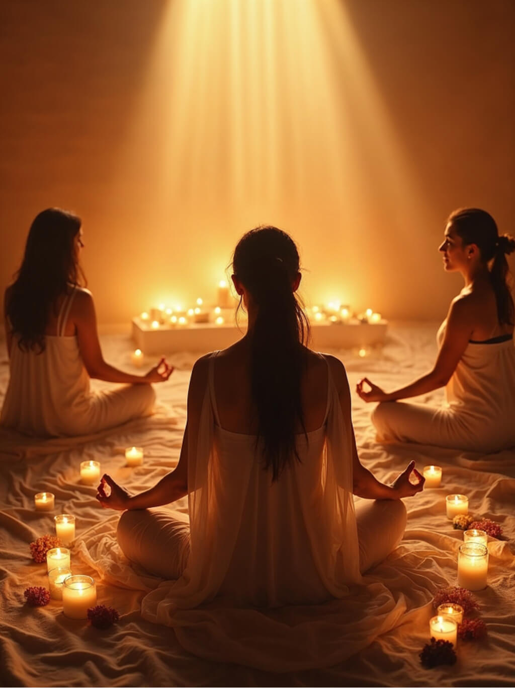Nők körben ülnek gyertyákkal megvilágított térben, arany fényben meditálnak és kapcsolódnak női energiájukhoz.