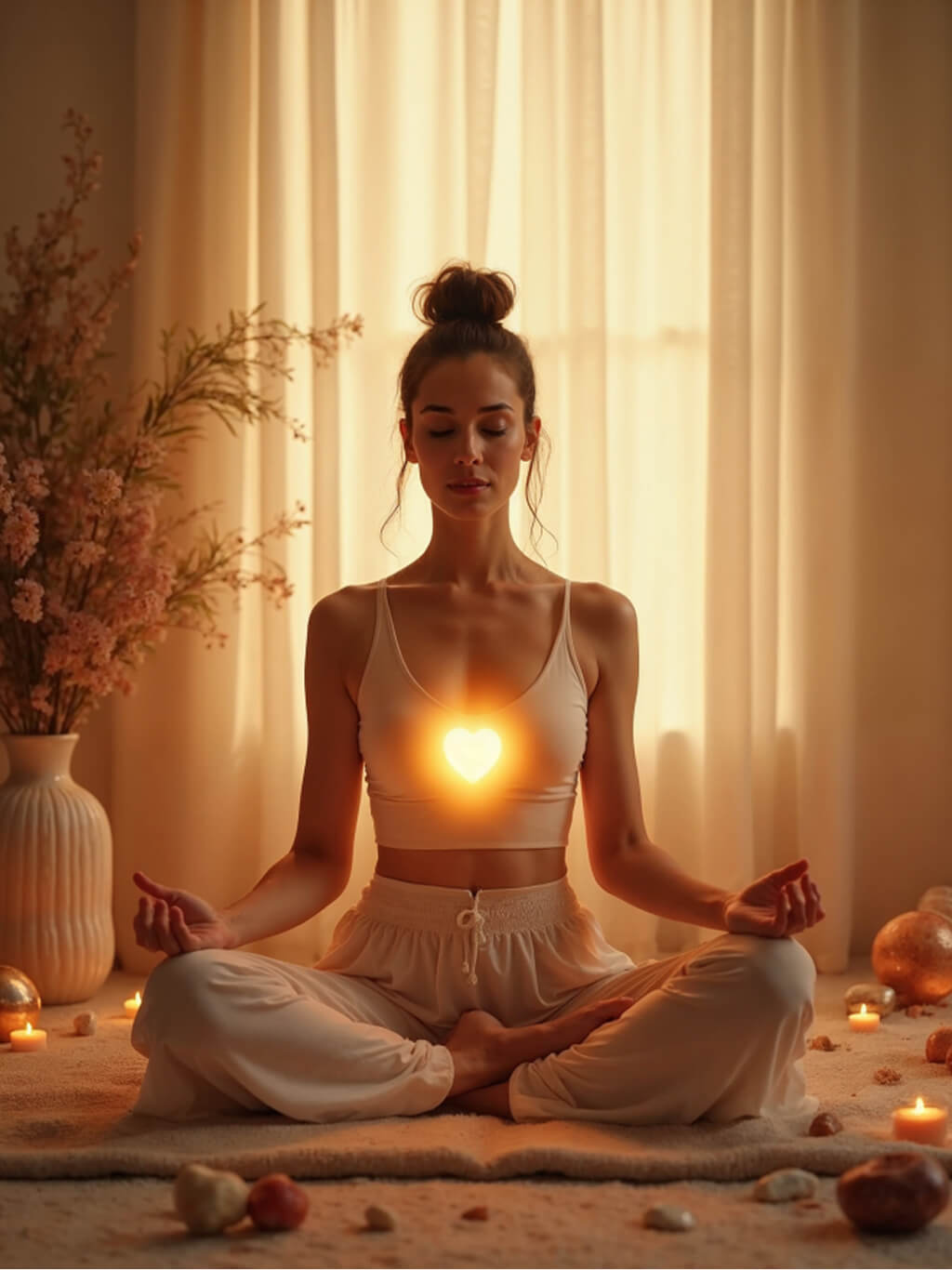 Fiatal nő meditál gyertyafényben, szívcsakrájánál ragyogó fénnyel, békés, spirituális légkörben.